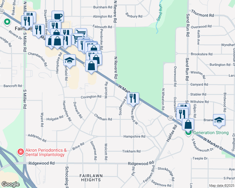 map of restaurants, bars, coffee shops, grocery stores, and more near 37 S Revere Rd in Akron