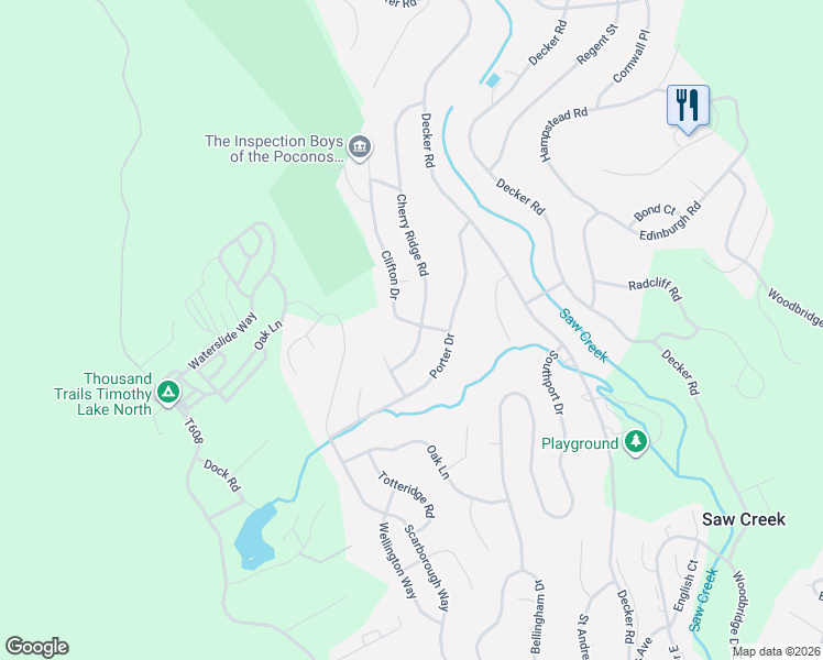 map of restaurants, bars, coffee shops, grocery stores, and more near Clifton Drive in East Stroudsburg