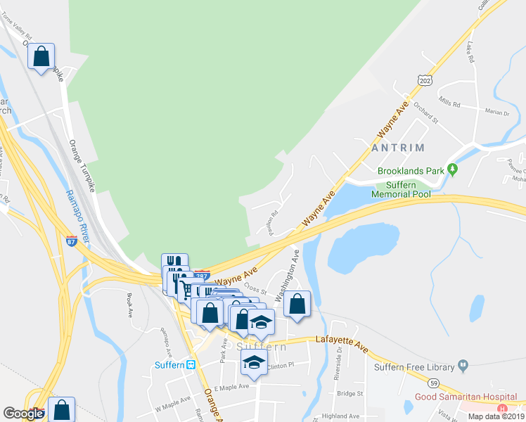map of restaurants, bars, coffee shops, grocery stores, and more near 12-20 Pavilion Road in Suffern