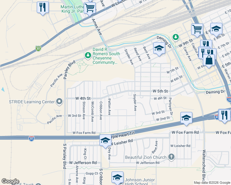 map of restaurants, bars, coffee shops, grocery stores, and more near 1012 West 5th Street in Cheyenne