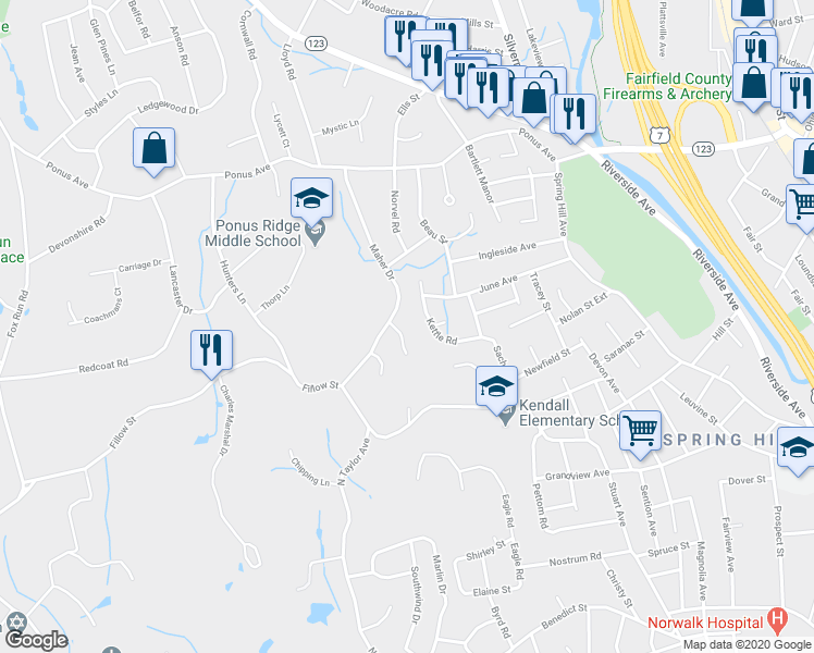 map of restaurants, bars, coffee shops, grocery stores, and more near 4 Camelot Drive in Norwalk