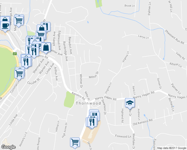 map of restaurants, bars, coffee shops, grocery stores, and more near 124 Milton Drive in Thornwood
