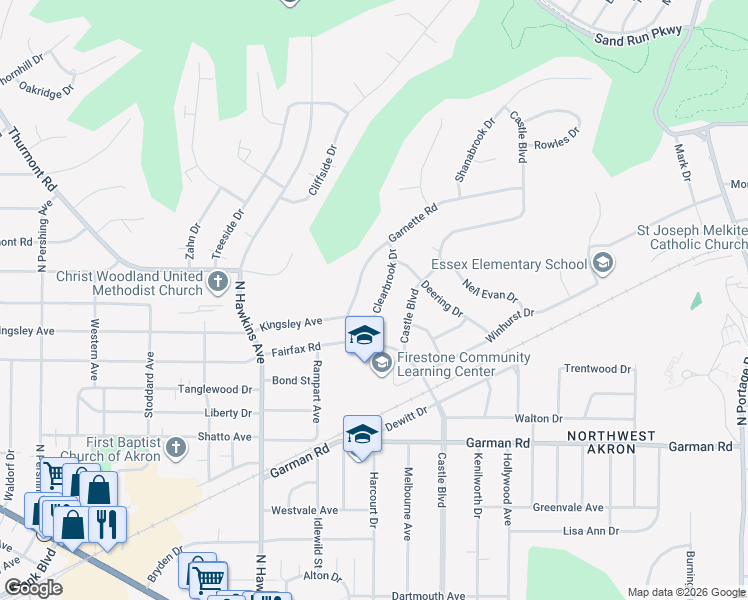 map of restaurants, bars, coffee shops, grocery stores, and more near 472 Clearbrook Drive in Akron