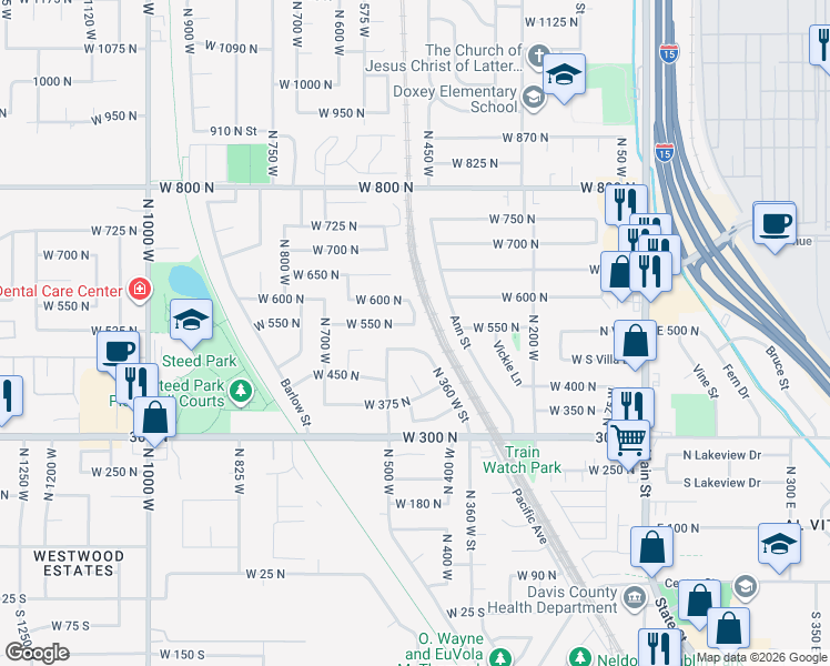 map of restaurants, bars, coffee shops, grocery stores, and more near 654 W 550 N in Clearfield