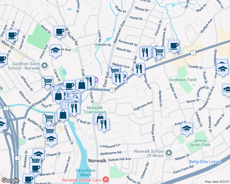 map of restaurants, bars, coffee shops, grocery stores, and more near 30 Westport Avenue in Norwalk