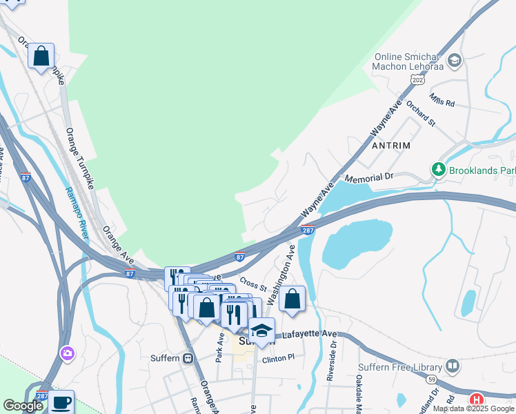 map of restaurants, bars, coffee shops, grocery stores, and more near 12-20 Pavilion Road in Suffern