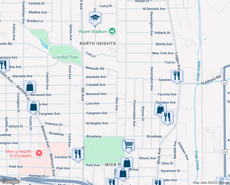 map of restaurants, bars, coffee shops, grocery stores, and more near 234 Norwood Avenue in Youngstown