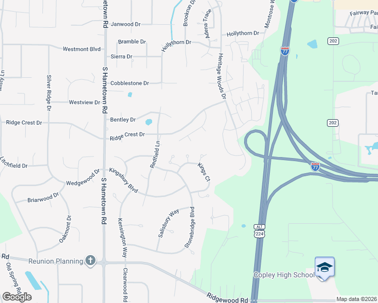 map of restaurants, bars, coffee shops, grocery stores, and more near 542 Queens Court in Akron