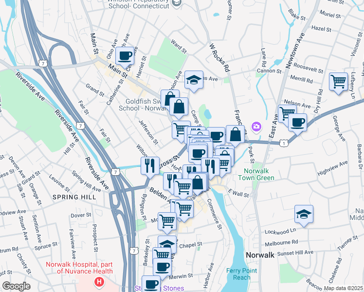 map of restaurants, bars, coffee shops, grocery stores, and more near 10 Cross Street in Norwalk