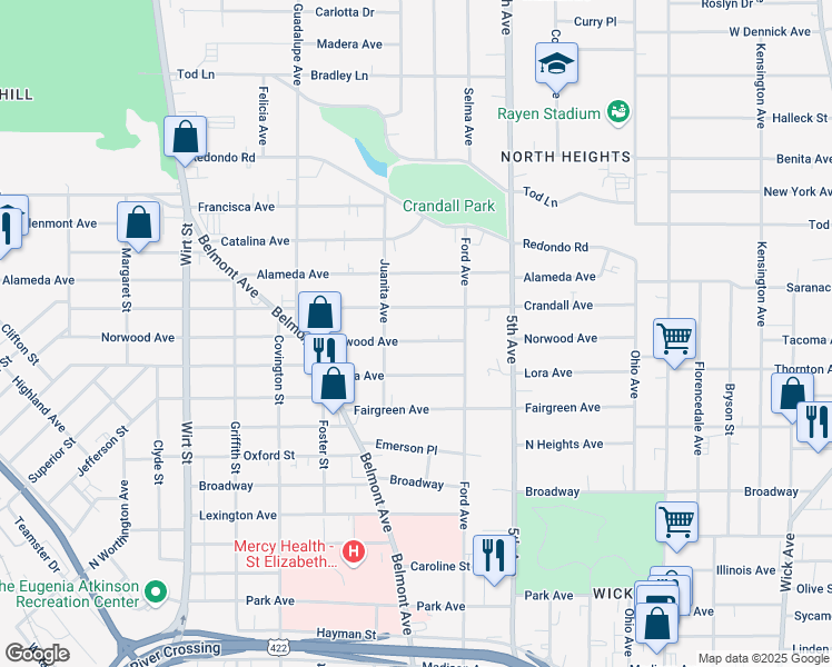 map of restaurants, bars, coffee shops, grocery stores, and more near 400 Norwood Avenue in Youngstown