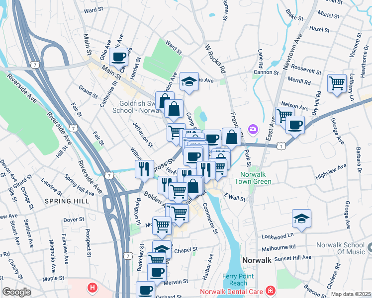 map of restaurants, bars, coffee shops, grocery stores, and more near 10 Cross Street in Norwalk