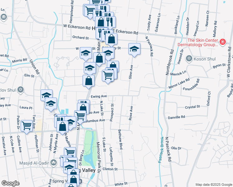 map of restaurants, bars, coffee shops, grocery stores, and more near 41 Ewing Avenue in Spring Valley