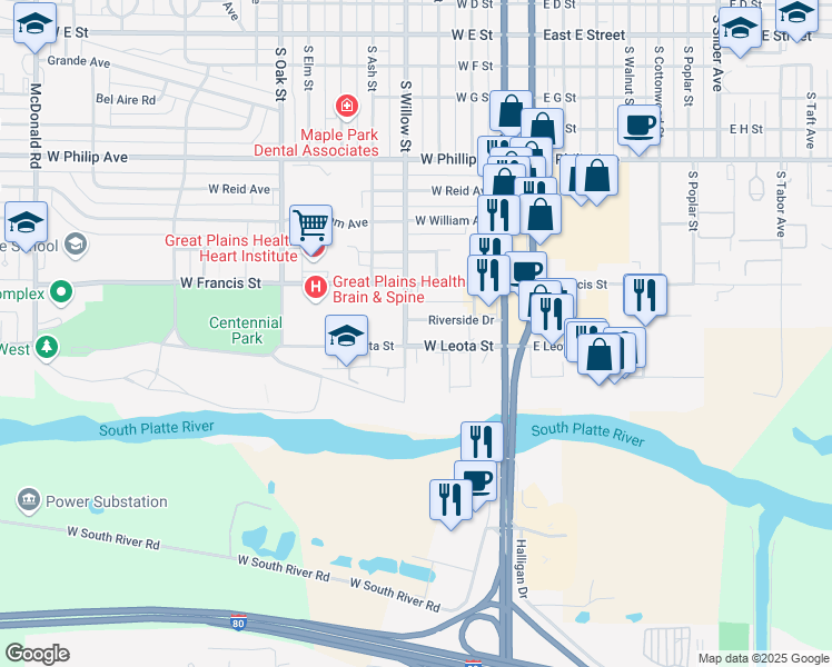map of restaurants, bars, coffee shops, grocery stores, and more near 2105 South Locustgrand Island in North Platte