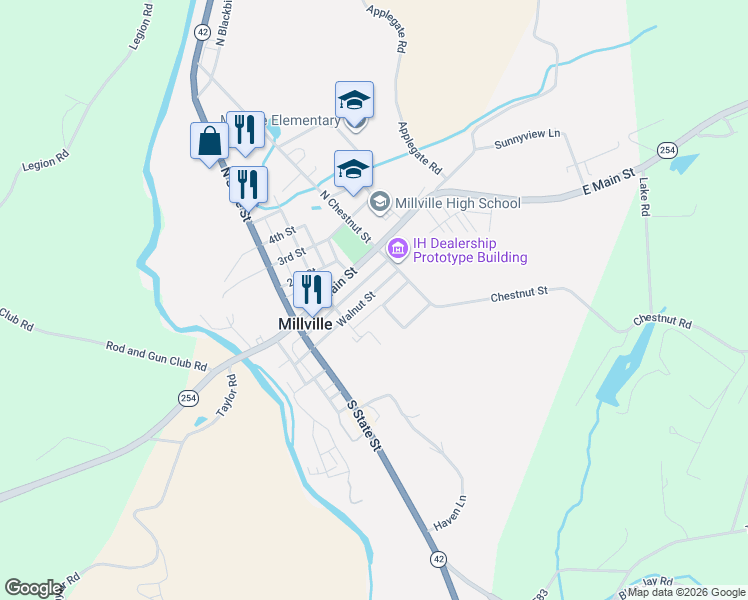 map of restaurants, bars, coffee shops, grocery stores, and more near 169 Walnut St in Millville