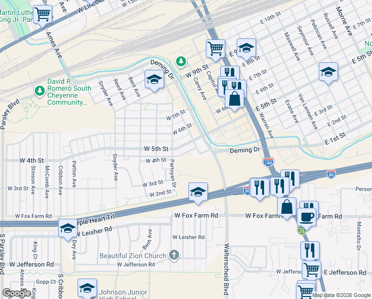 map of restaurants, bars, coffee shops, grocery stores, and more near 512 West 4th Street in Cheyenne