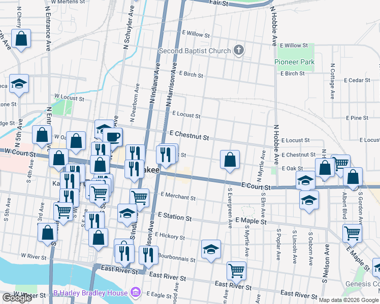 map of restaurants, bars, coffee shops, grocery stores, and more near 206 North Greenwood Avenue in Kankakee