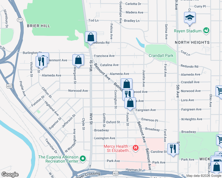 map of restaurants, bars, coffee shops, grocery stores, and more near 716 Norwood Avenue in Youngstown