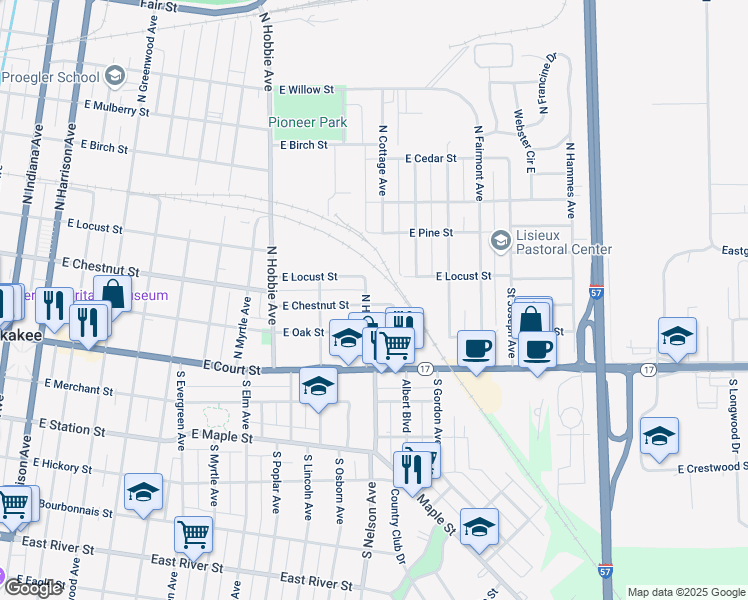 map of restaurants, bars, coffee shops, grocery stores, and more near 1378 East Chestnut Street in Kankakee
