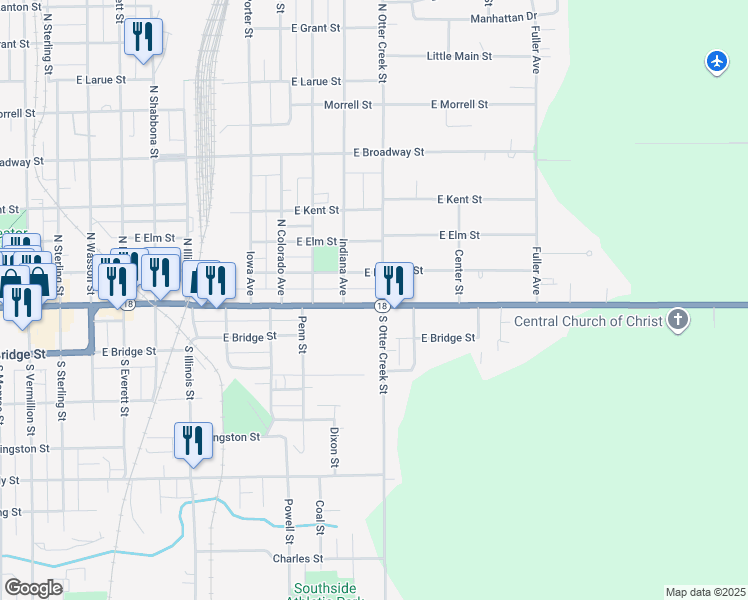 map of restaurants, bars, coffee shops, grocery stores, and more near 1316 East Main Street in Streator