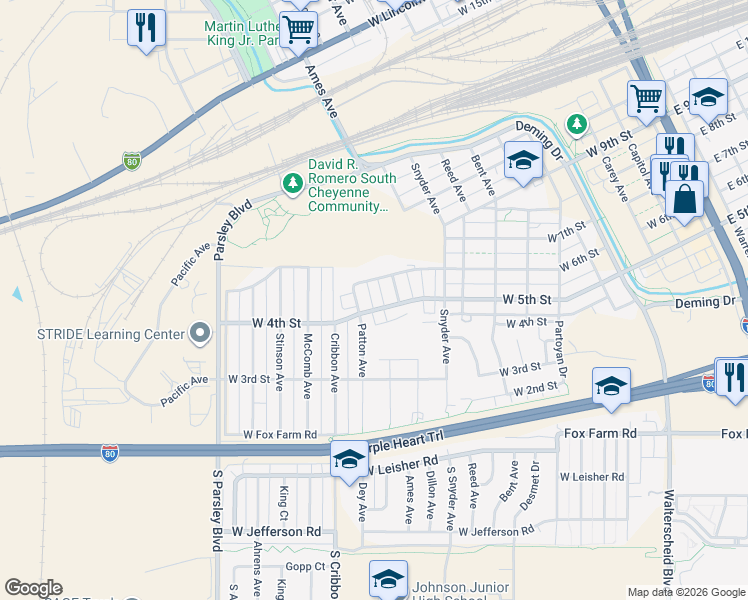 map of restaurants, bars, coffee shops, grocery stores, and more near 1012 West 5th Street in Cheyenne