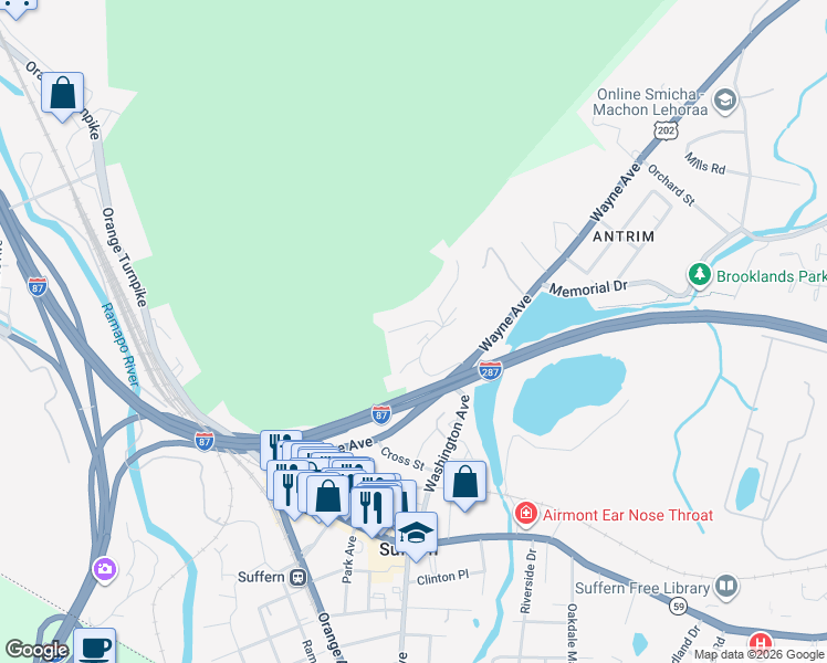 map of restaurants, bars, coffee shops, grocery stores, and more near 16 Pavilion Ridge Way in Suffern