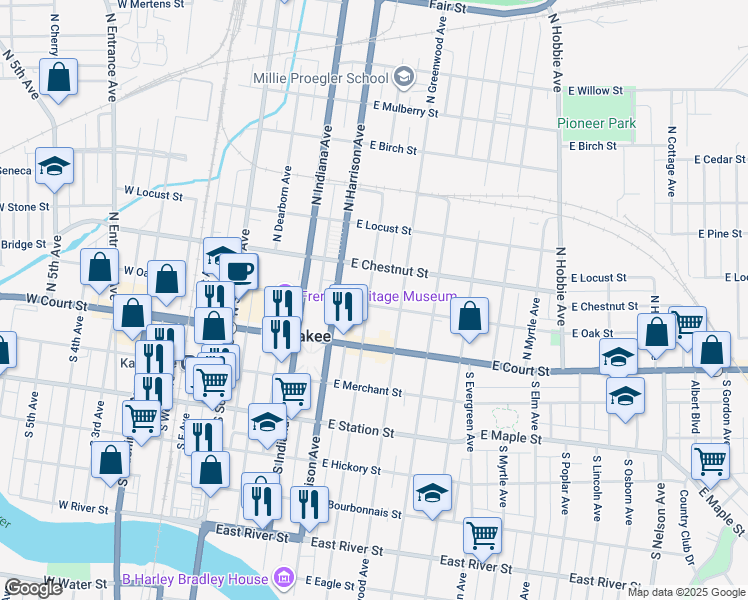 map of restaurants, bars, coffee shops, grocery stores, and more near 200 North Chicago Avenue in Kankakee