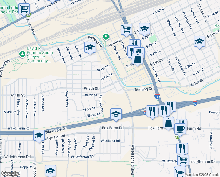 map of restaurants, bars, coffee shops, grocery stores, and more near 512 West 4th Street in Cheyenne