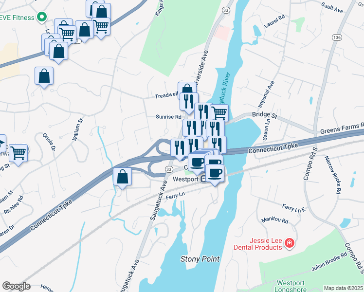 map of restaurants, bars, coffee shops, grocery stores, and more near 48 Franklin Street in Westport