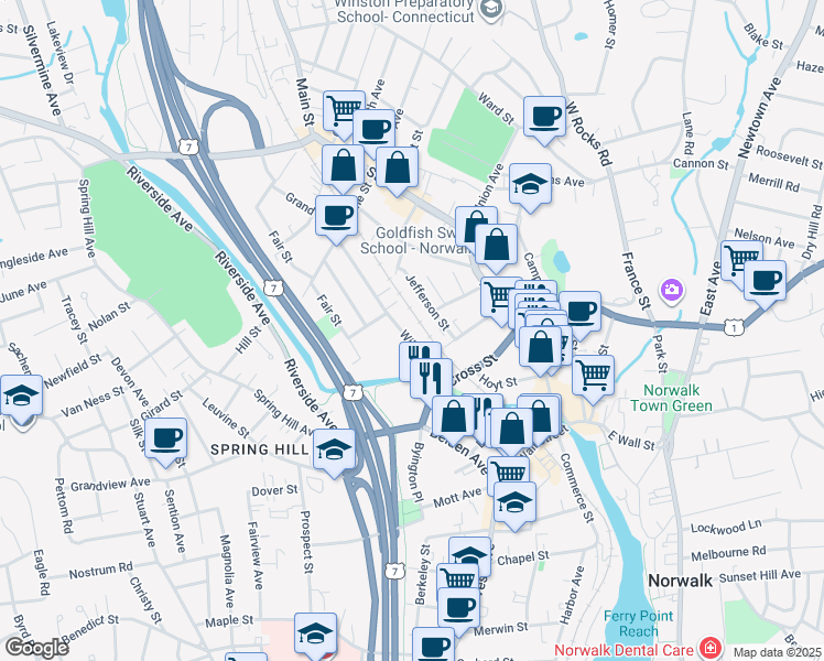map of restaurants, bars, coffee shops, grocery stores, and more near 16 Wilton Avenue in Norwalk