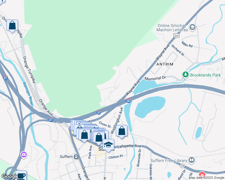 map of restaurants, bars, coffee shops, grocery stores, and more near 17 Pavilion Road in Suffern