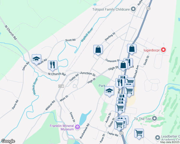 map of restaurants, bars, coffee shops, grocery stores, and more near 19 Junction Street in Franklin