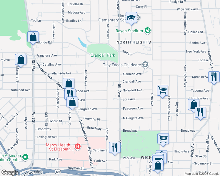 map of restaurants, bars, coffee shops, grocery stores, and more near 351 Norwood Avenue in Youngstown