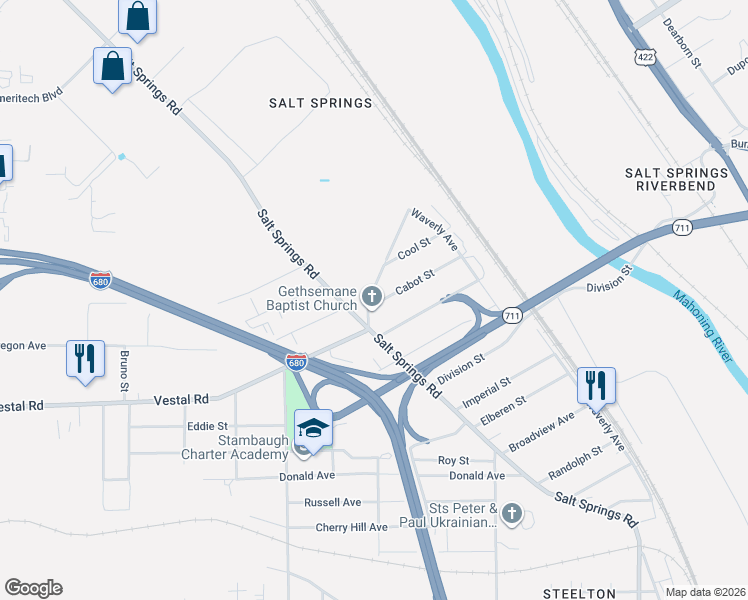 map of restaurants, bars, coffee shops, grocery stores, and more near 410 Cabot Street in Youngstown