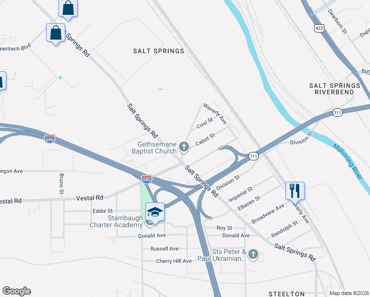 map of restaurants, bars, coffee shops, grocery stores, and more near 410 Cabot Street in Youngstown