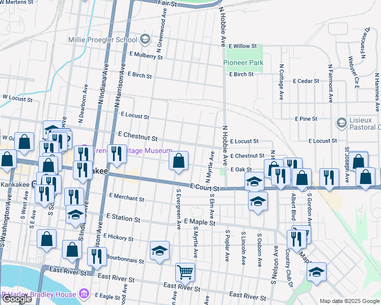 map of restaurants, bars, coffee shops, grocery stores, and more near 258 North Evergreen Avenue in Kankakee