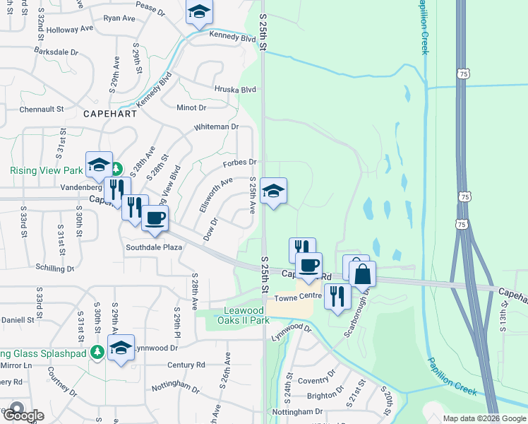 map of restaurants, bars, coffee shops, grocery stores, and more near 12501 South 25th Street in Bellevue
