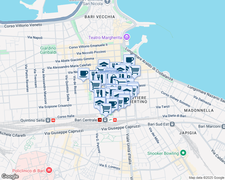 map of restaurants, bars, coffee shops, grocery stores, and more near 27 Piazza Umberto I in Bari