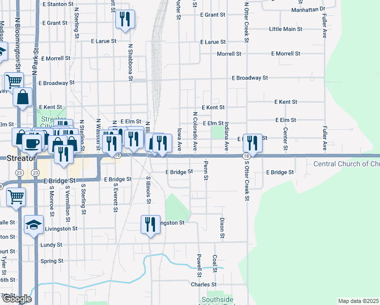 map of restaurants, bars, coffee shops, grocery stores, and more near 1108 East Main Street in Streator
