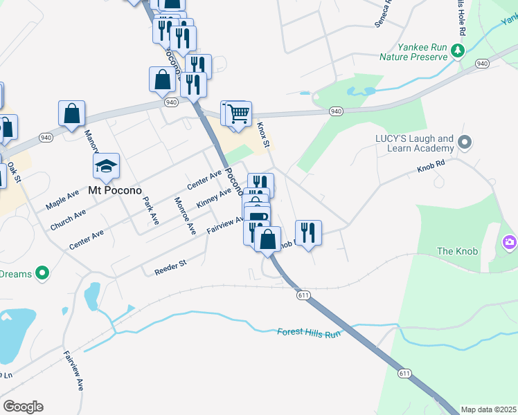 map of restaurants, bars, coffee shops, grocery stores, and more near 103 Pocono Boulevard in Mount Pocono