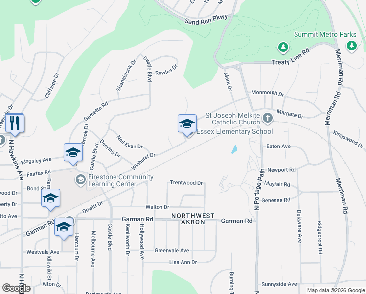 map of restaurants, bars, coffee shops, grocery stores, and more near 1174 Winhurst Drive in Akron