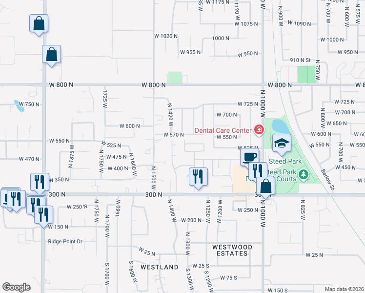 map of restaurants, bars, coffee shops, grocery stores, and more near 526 North 1350 West in Clearfield