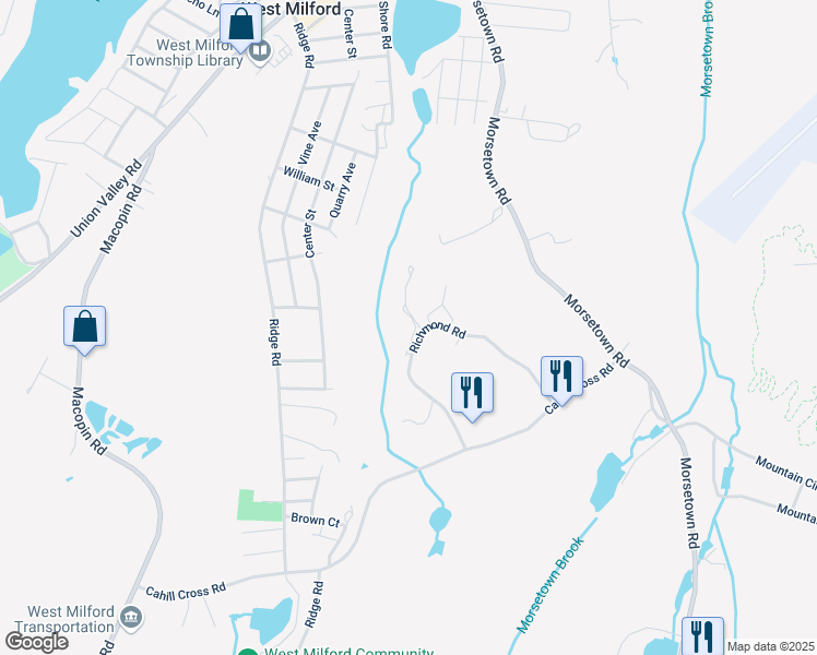 map of restaurants, bars, coffee shops, grocery stores, and more near 5313 Richmond Road in West Milford
