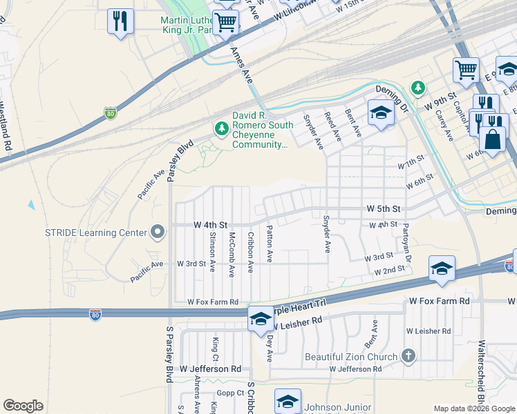 map of restaurants, bars, coffee shops, grocery stores, and more near 500-598 Patton Ave in Cheyenne
