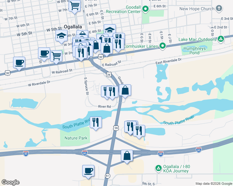map of restaurants, bars, coffee shops, grocery stores, and more near 520 South Clarice Road in Ogallala