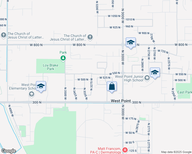 map of restaurants, bars, coffee shops, grocery stores, and more near 627 North 3225 West in West Point