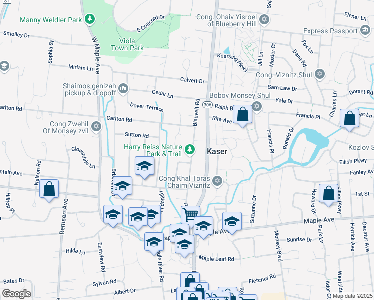 map of restaurants, bars, coffee shops, grocery stores, and more near 141 Blauvelt Road in Monsey