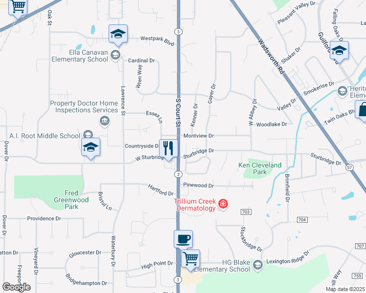 map of restaurants, bars, coffee shops, grocery stores, and more near 1022 South Court Street in Medina