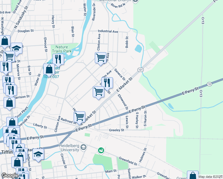 map of restaurants, bars, coffee shops, grocery stores, and more near 100 Dwight St in Tiffin