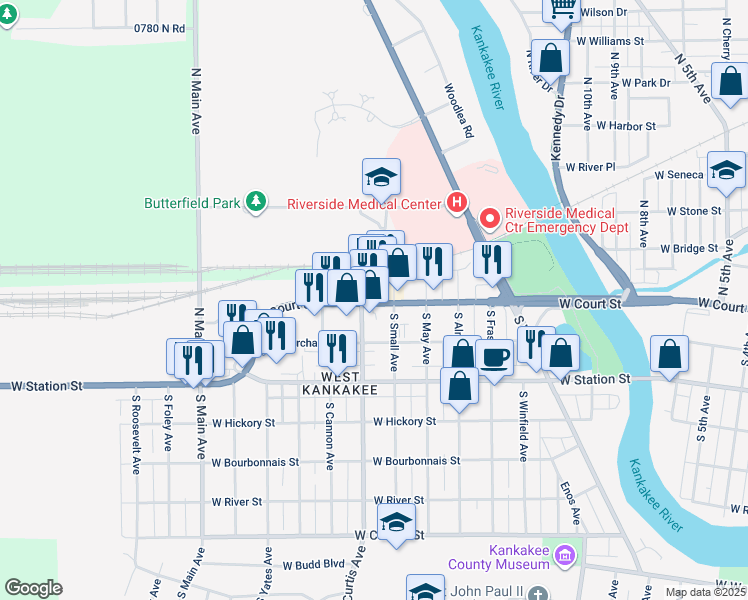map of restaurants, bars, coffee shops, grocery stores, and more near 1550 West Court Street in Kankakee