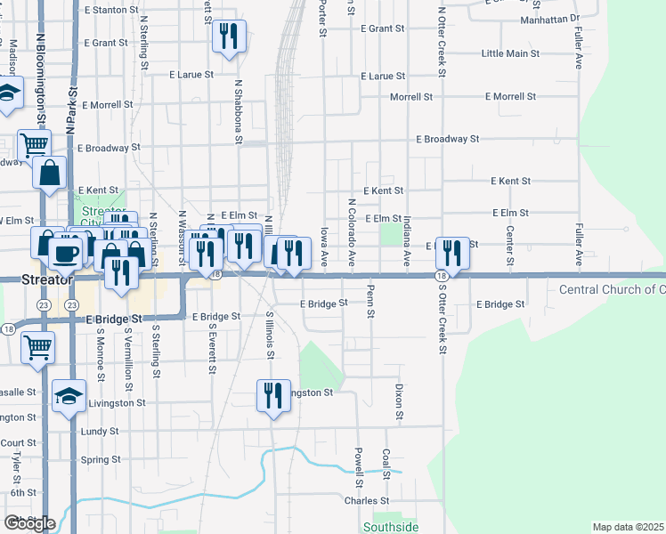map of restaurants, bars, coffee shops, grocery stores, and more near 1108 East Main Street in Streator